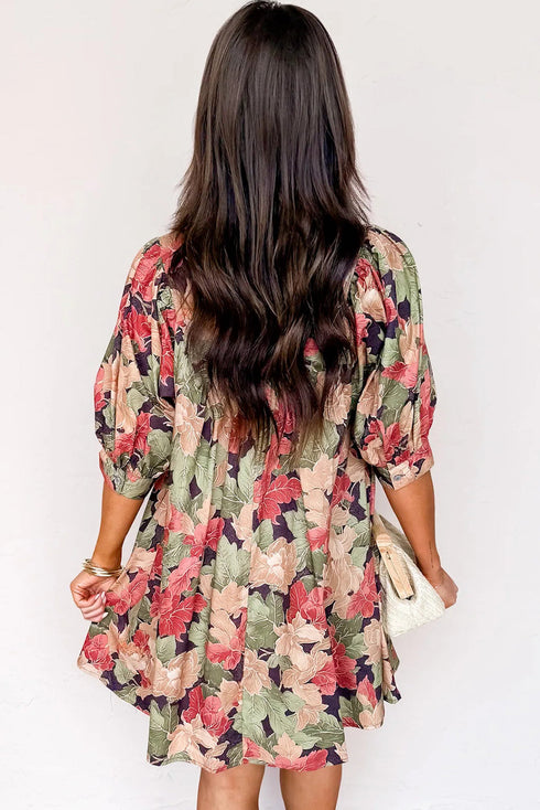 Floral Ruffled Collar Split V Neck Puff Sleeve Babydoll Mini Dress